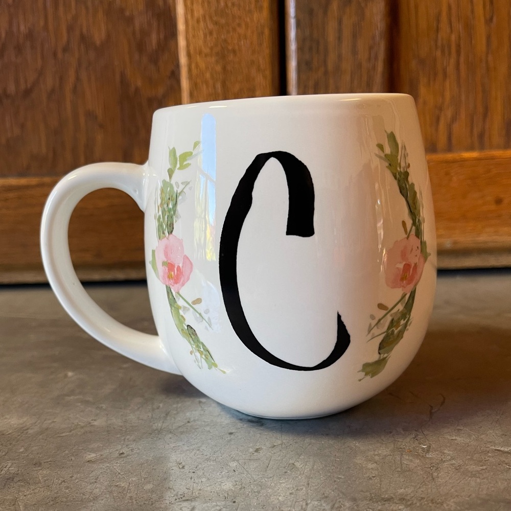 White “C” Mug with Floral Print-dishwasher safe and microwave safe